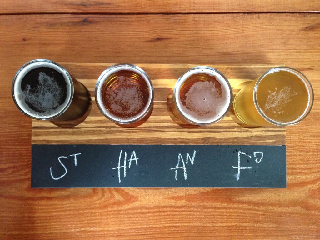 beer, flight, brewery, draft, bar, craft, glass, alcohol, wooden, drink, beverage, cold, table, tasting, summer, micro, fun, hops, stout, american, dark, ale, pub, brew, ipa, fresh, nature, brown fun